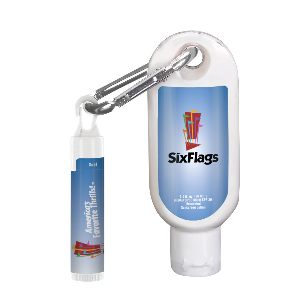 1.9 Oz. Spf 30 Sunscreen With Carabiner & Spf 15 Lip Balm In White Tube With Hook Cap 1