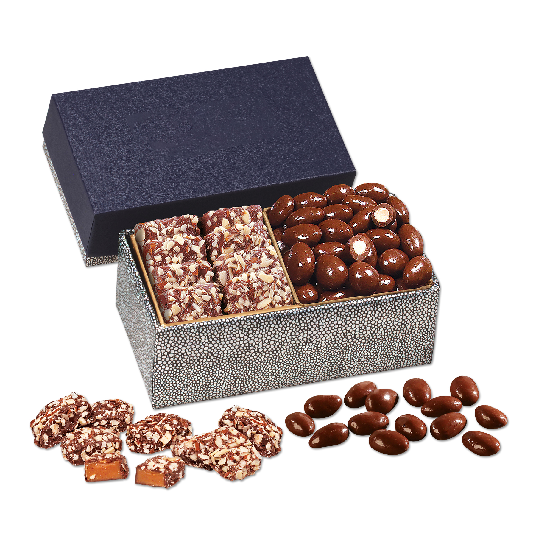 Navy & Silver Gift Box w/Chocolate Almonds & English Toffee